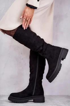 Damskie Ocieplane Kozaki Do Kolana Czarne Helma