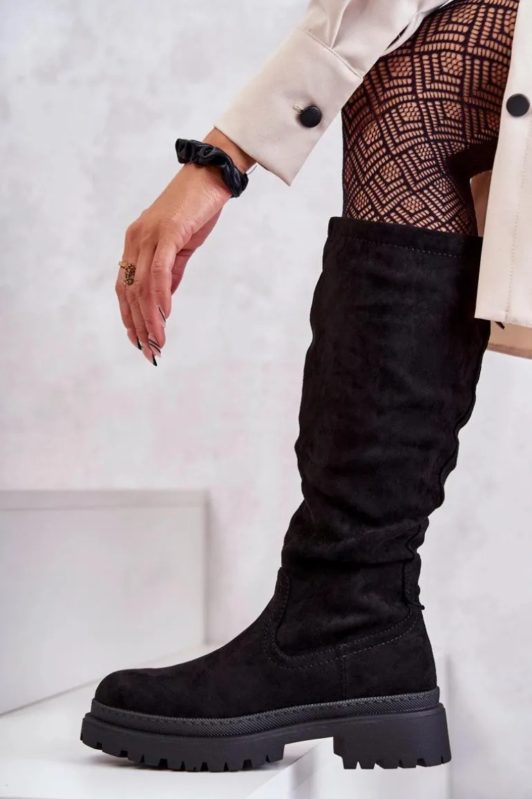 Damskie Ocieplane Kozaki Do Kolana Czarne Helma