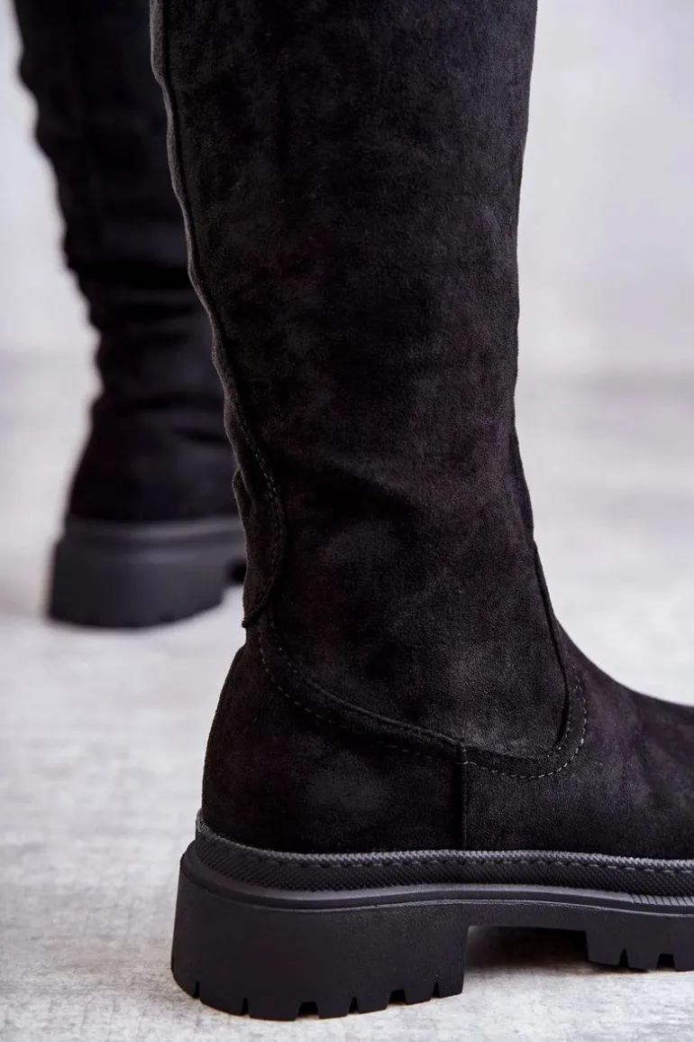 Damskie Ocieplane Kozaki Do Kolana Czarne Helma