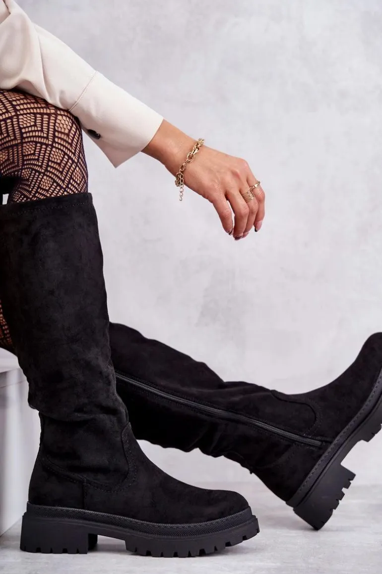 Damskie Ocieplane Kozaki Do Kolana Czarne Helma