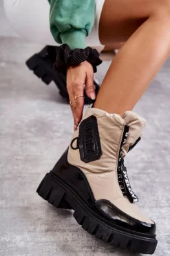 Damskie Ocieplane Śniegowce Na Suwak Beżowo-Czarne Marit