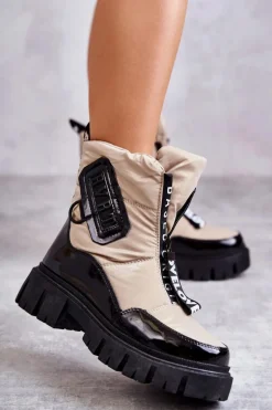 Damskie Ocieplane Śniegowce Na Suwak Beżowo-Czarne Marit