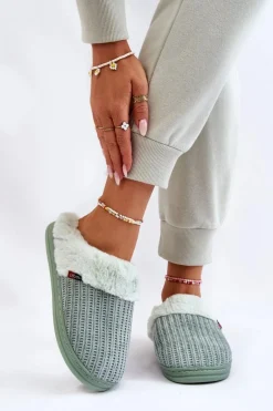 Damskie Ocieplane Papcie Wsuwane Z Futerkiem Zielone Leriss