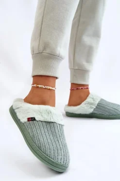 Damskie Ocieplane Papcie Wsuwane Z Futerkiem Zielone Leriss