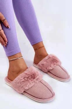 Damskie Ocieplane Papcie Z Futerkiem Jasnoróżowe Franco