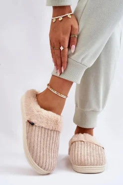 Damskie Ocieplane Papcie Wsuwane Z Futerkiem Beżowe Leriss