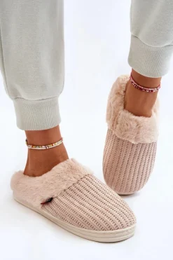 Damskie Ocieplane Papcie Wsuwane Z Futerkiem Beżowe Leriss
