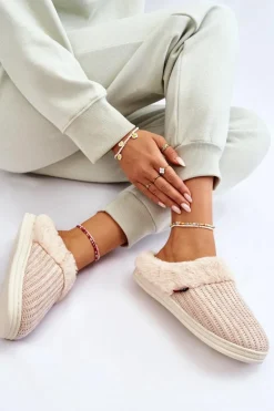 Damskie Ocieplane Papcie Wsuwane Z Futerkiem Beżowe Leriss