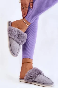 Damskie Ocieplane Papcie Z Futerkiem Szare Franco