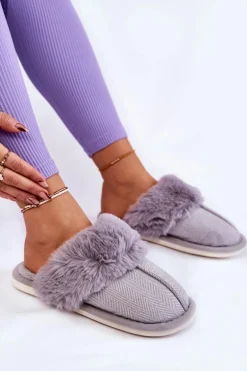 Damskie Ocieplane Papcie Z Futerkiem Szare Franco