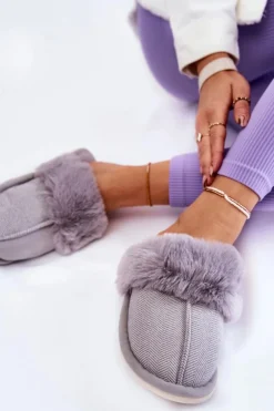 Damskie Ocieplane Papcie Z Futerkiem Szare Franco