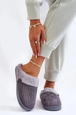 Damskie Ocieplane Papcie Wsuwane Z Futerkiem Szare Leriss