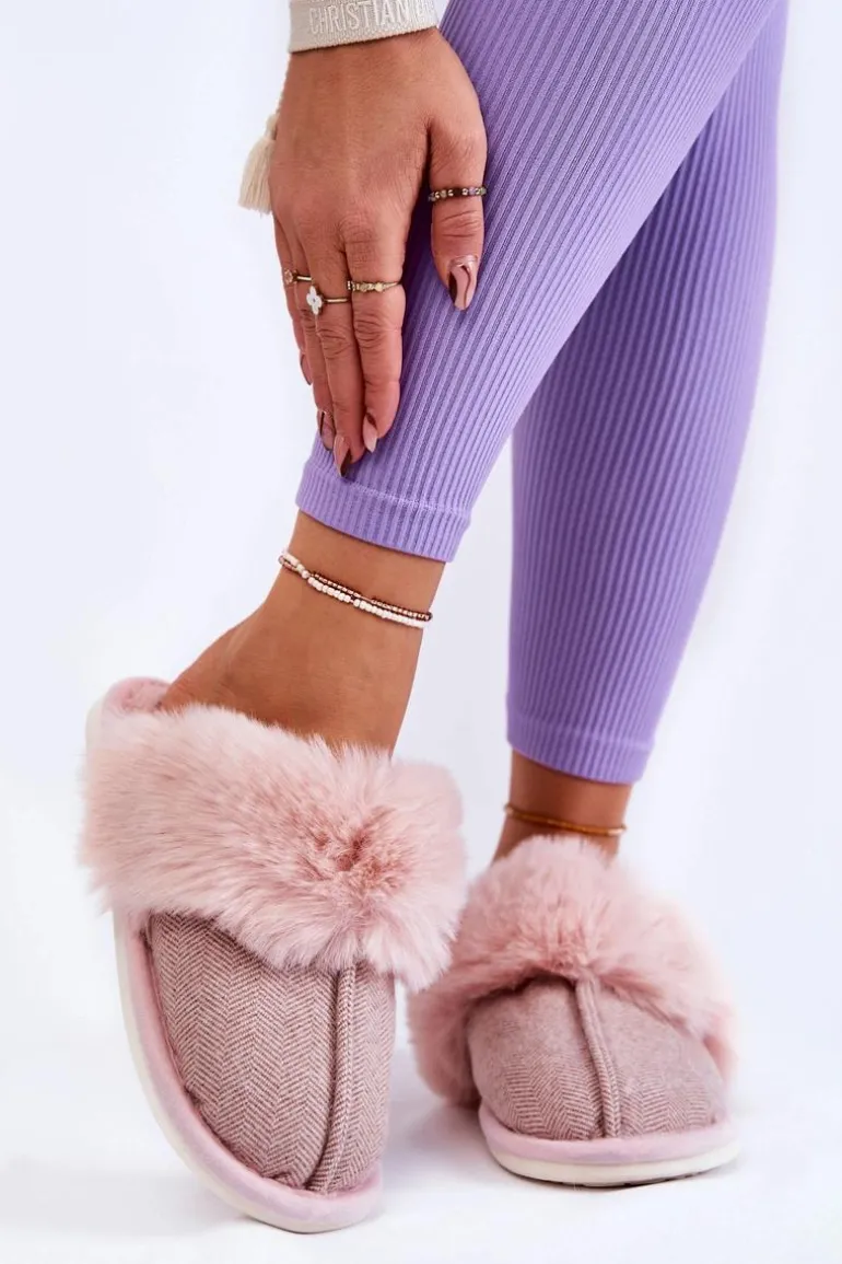 Damskie Ocieplane Papcie Z Futerkiem Beżowo-Różowe Franco