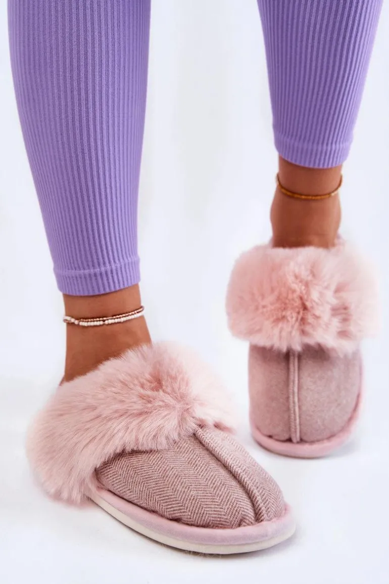 Damskie Ocieplane Papcie Z Futerkiem Beżowo-Różowe Franco