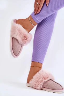 Damskie Ocieplane Papcie Z Futerkiem Beżowo-Różowe Franco