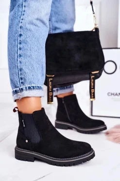 Damskie Ocieplane Sztyblety Botki Czarne Zamszowe Traveler