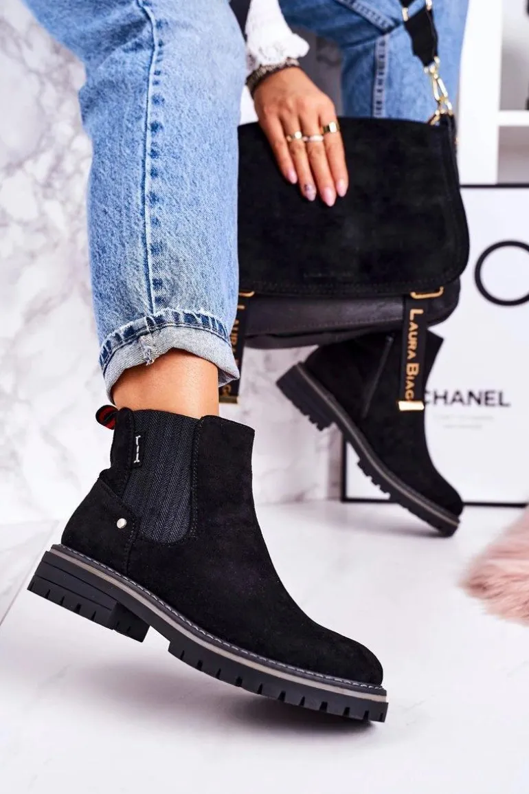 Damskie Ocieplane Sztyblety Botki Czarne Zamszowe Traveler