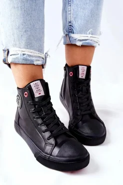 Damskie Ocieplane Trampki Cross Jeans Wysokie Czarne II2R4009C