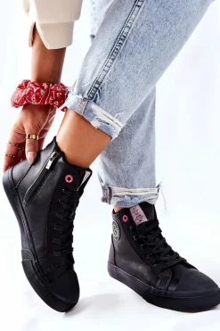 Damskie Ocieplane Trampki Cross Jeans Wysokie Czarne II2R4009C