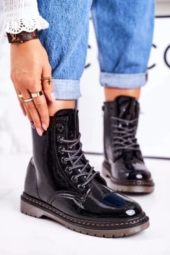 Damskie Ocieplane Trapery Glany Lakierowane Czarne Thunder