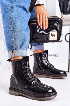 Damskie Ocieplane Trapery Glany Lakierowane Czarne Thunder