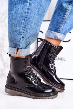 Damskie Ocieplane Trapery Glany Lakierowane Czarne Thunder