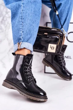 Damskie Ocieplane Trapery Glany Lakierowane Czarne Thunder