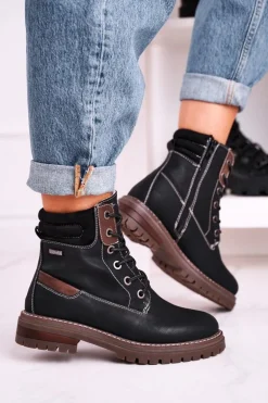 Damskie Ocieplane Workery Trapery Czarne Timber