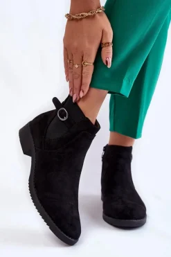 Damskie Ocieplane Zamszowe Botki Sztyblety Czarne Janette