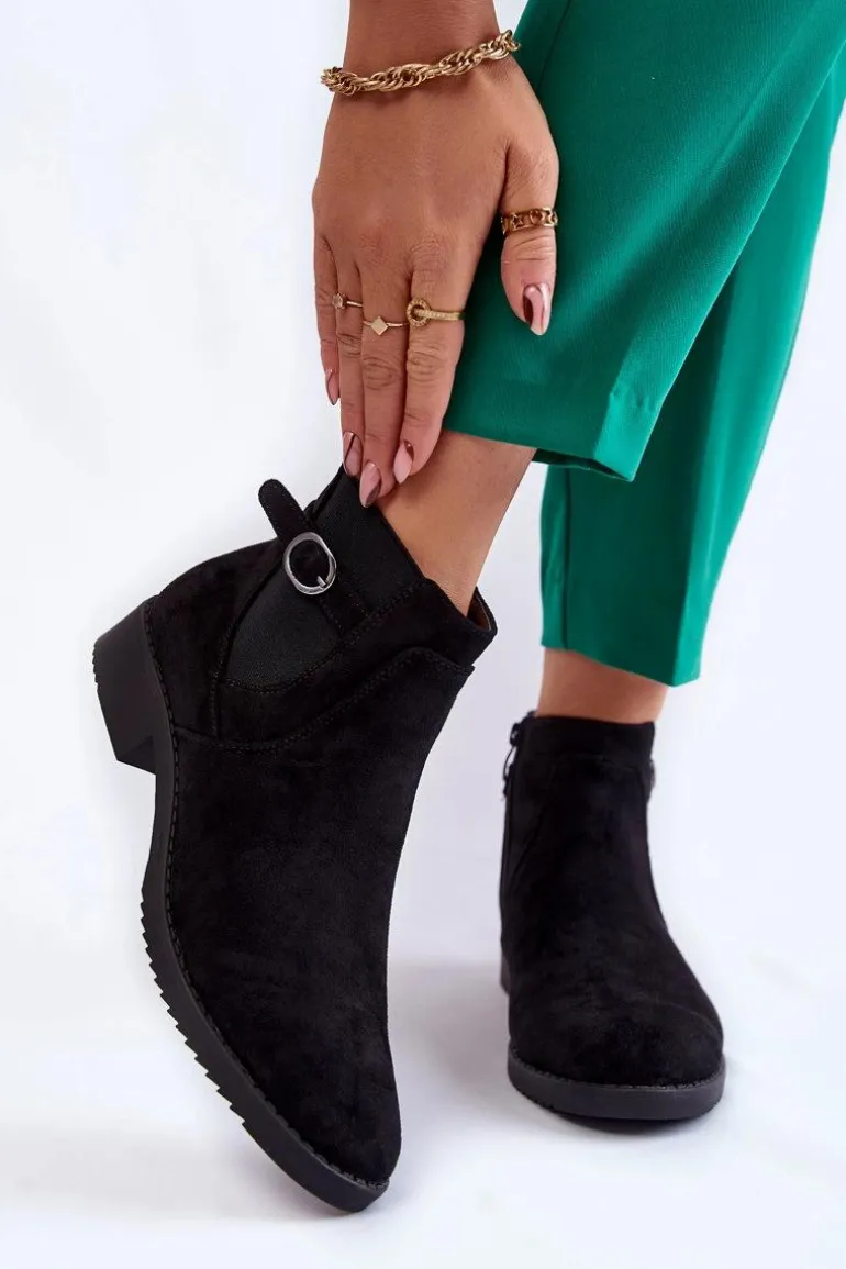 Damskie Ocieplane Zamszowe Botki Sztyblety Czarne Janette