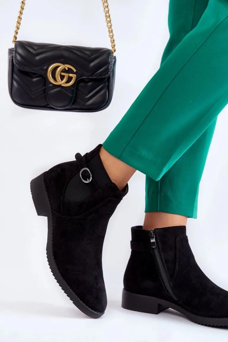 Damskie Ocieplane Zamszowe Botki Sztyblety Czarne Janette