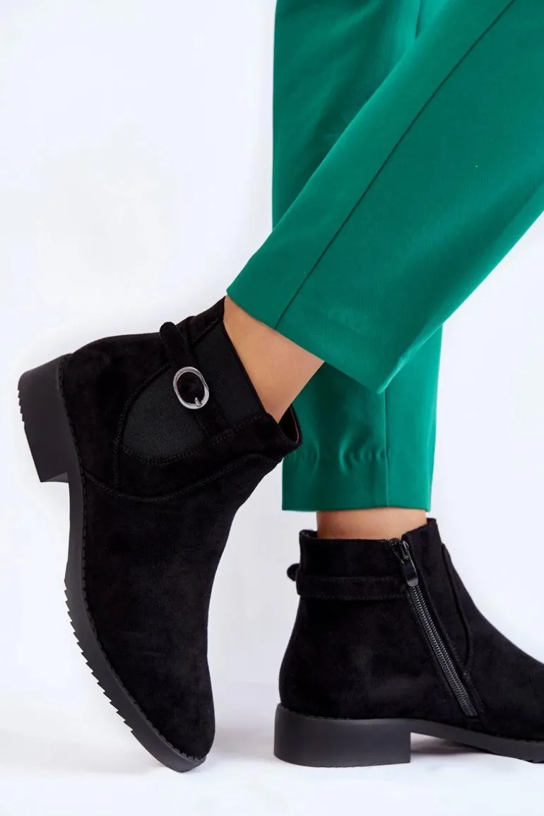 Damskie Ocieplane Zamszowe Botki Sztyblety Czarne Janette