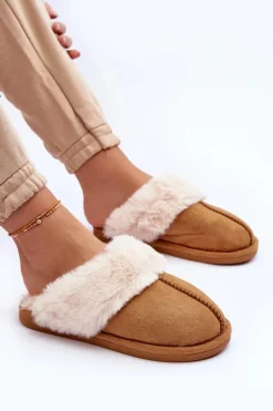 Damskie Papcie Klapki z Futerkiem Camel Pinky