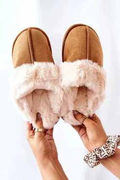 Damskie Papcie Klapki z Futerkiem Camel Pinky