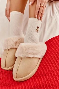 Damskie Papcie Klapki z Futerkiem Jasnobeżowe Pinky