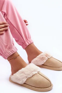 Damskie Papcie Klapki z Futerkiem Jasnobeżowe Pinky