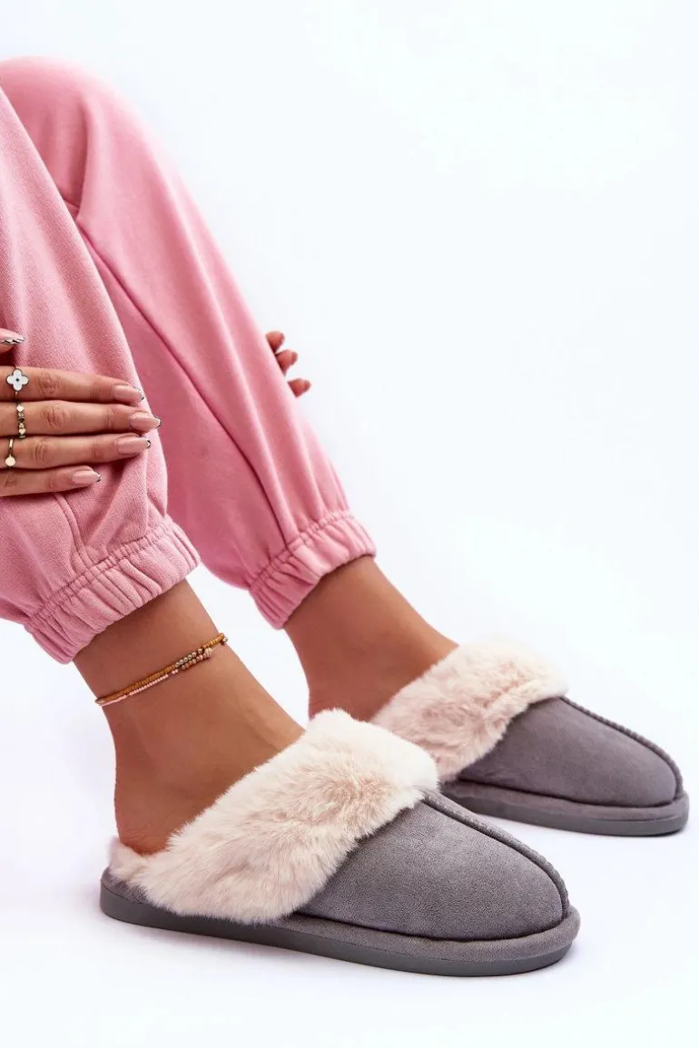 Damskie Papcie Klapki z Futerkiem Szare Pinky