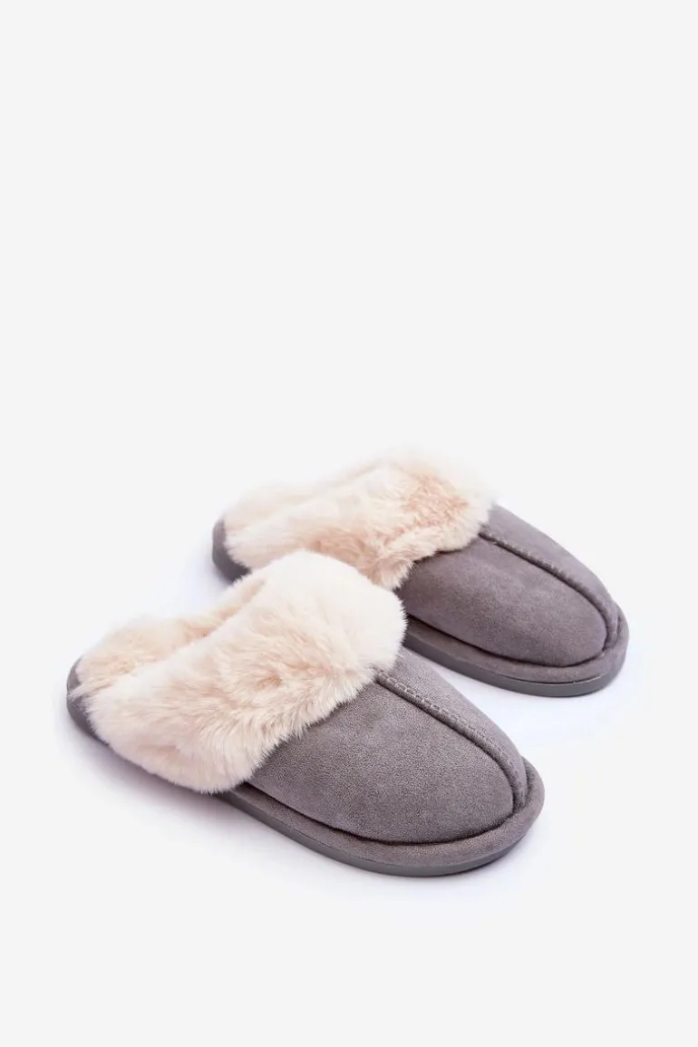 Damskie Papcie Klapki z Futerkiem Szare Pinky