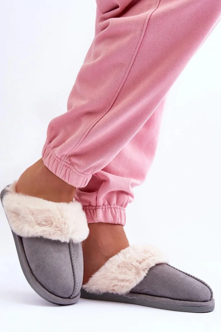 Damskie Papcie Klapki z Futerkiem Szare Pinky