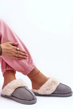 Damskie Papcie Klapki z Futerkiem Szare Pinky
