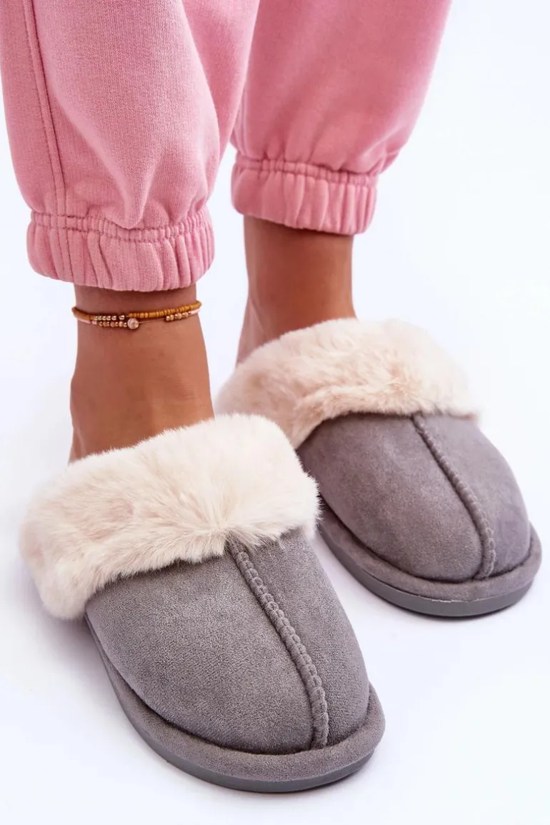 Damskie Papcie Klapki z Futerkiem Szare Pinky