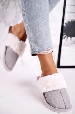 Damskie Papcie Klapki z Futerkiem Szare Homely