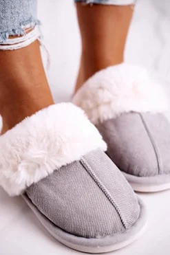 Damskie Papcie Klapki z Futerkiem Szare Homely