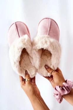 Damskie Papcie Klapki z Futerkiem Różowe Pinky