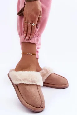 Damskie Papcie Klapki z Futerkiem Beżowe Pinky