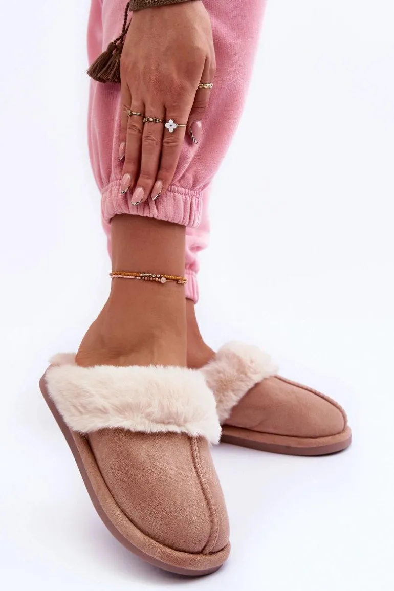 Damskie Papcie Klapki z Futerkiem Beżowe Pinky