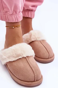 Damskie Papcie Klapki z Futerkiem Beżowe Pinky