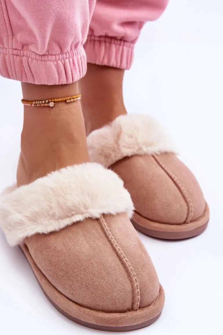 Damskie Papcie Klapki z Futerkiem Beżowe Pinky