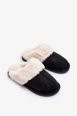 Damskie Papcie Klapki z Futerkiem Czarne Pinky