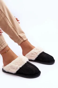Damskie Papcie Klapki z Futerkiem Czarne Pinky